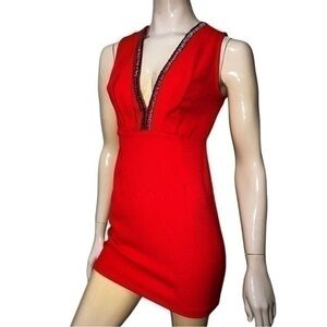 L’Atiste by Amy Women’s Size S Red Crepe Plunging Beaded Neck Mini Dress